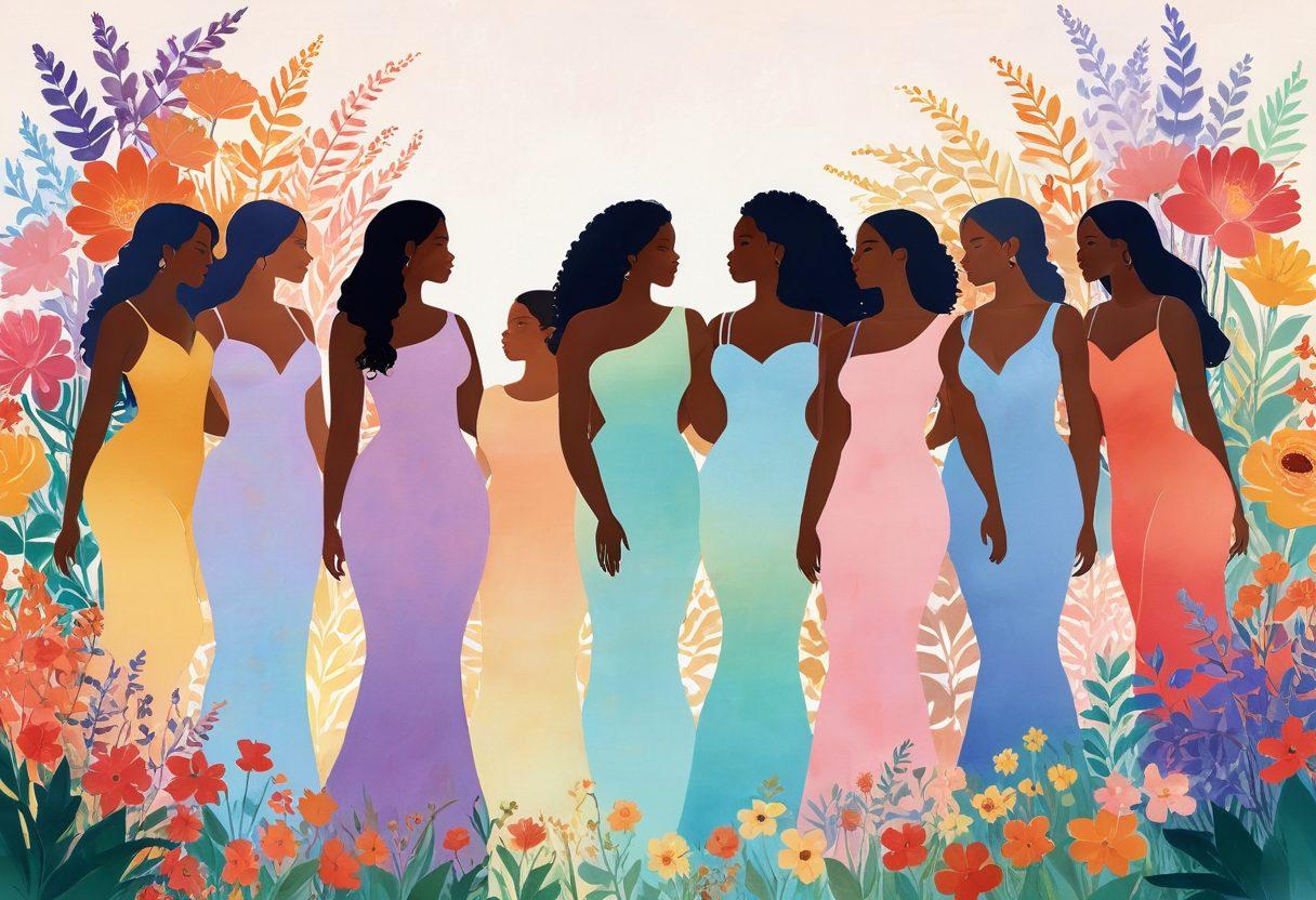An empowering and artistic representation of diverse female silhouettes showcasing various body shapes and curves, surrounded by vibrant flowers symbolizing growth and beauty. Include soft pastel colors in the background to evoke a sense of warmth and acceptance. The scene should radiate confidence and positivity, with delicate hand-drawn elements emphasizing the celebration of body diversity. super-realistic. vibrant colors. soft background.