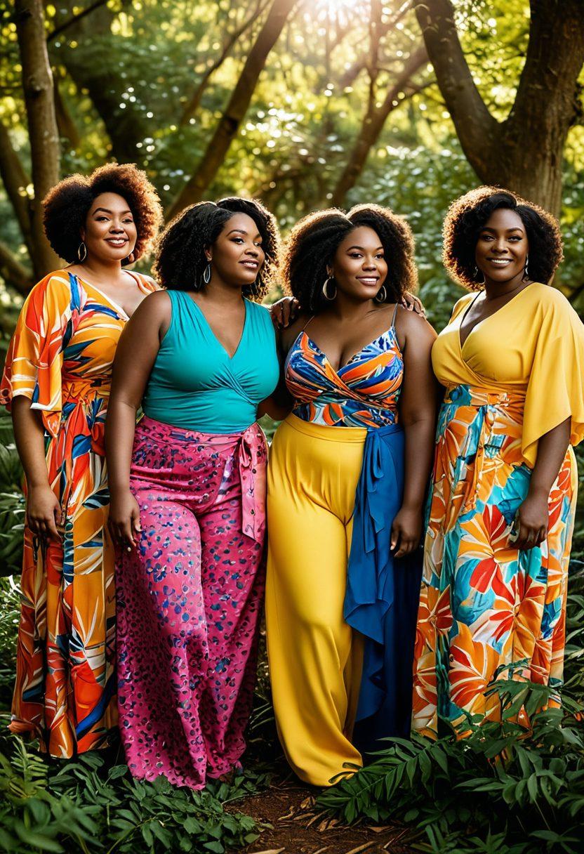 A powerful image of diverse plus-size women confidently standing together, embracing their bodies in vibrant, colorful outfits that celebrate femininity. They are posing in a natural setting, with sunlight filtering through trees, showcasing their authentic beauty and strength. The background should have a hint of abstract art that symbolizes freedom and self-expression. super-realistic. vibrant colors. nature backdrop.
